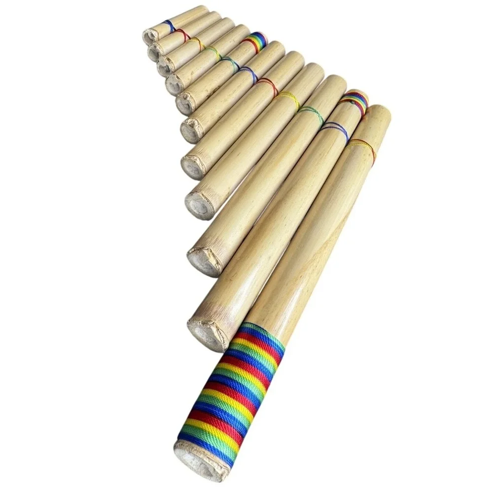 Handcrafted Bamboo Pan Flute 10 Pipe Natural Wood Wind Instrument Rainbow Wrap